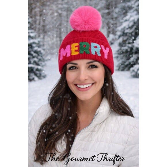 SHIRALEAH Accessories - Shiraleah Merry Pom Pom Beanie Red Pink Chenille Holiday Hat NWT